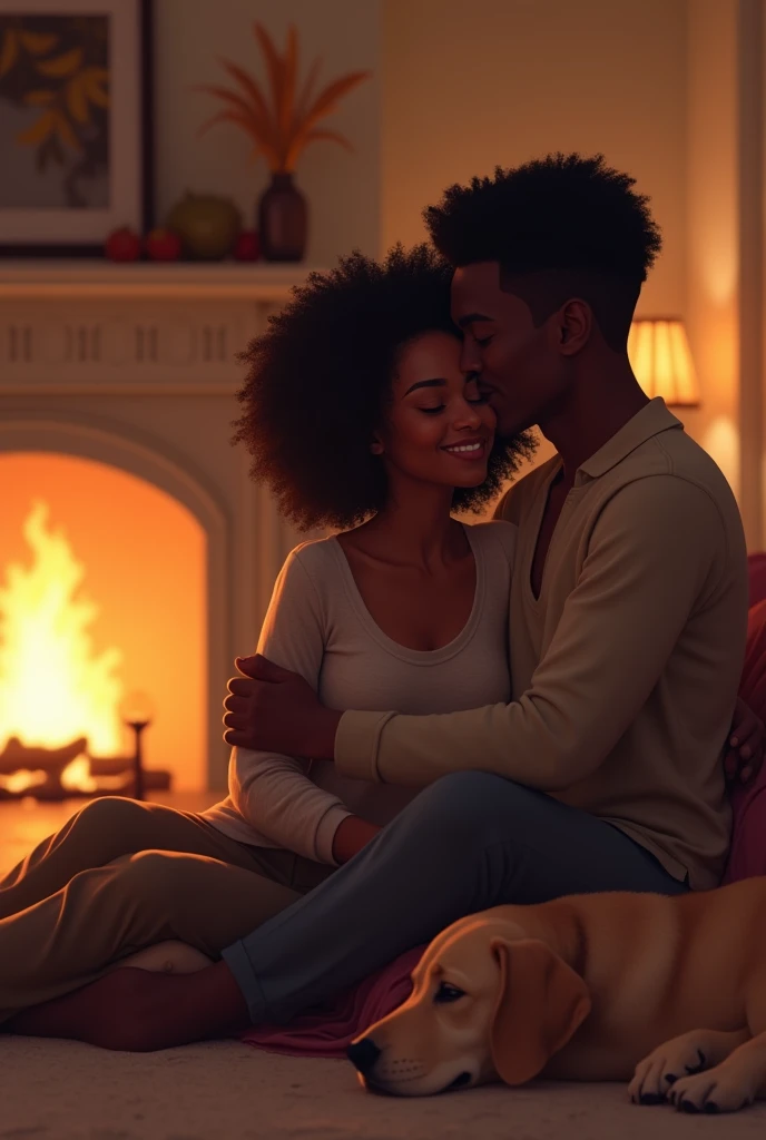 Black couple cuddling by the fireplace with the dog lying next to it 