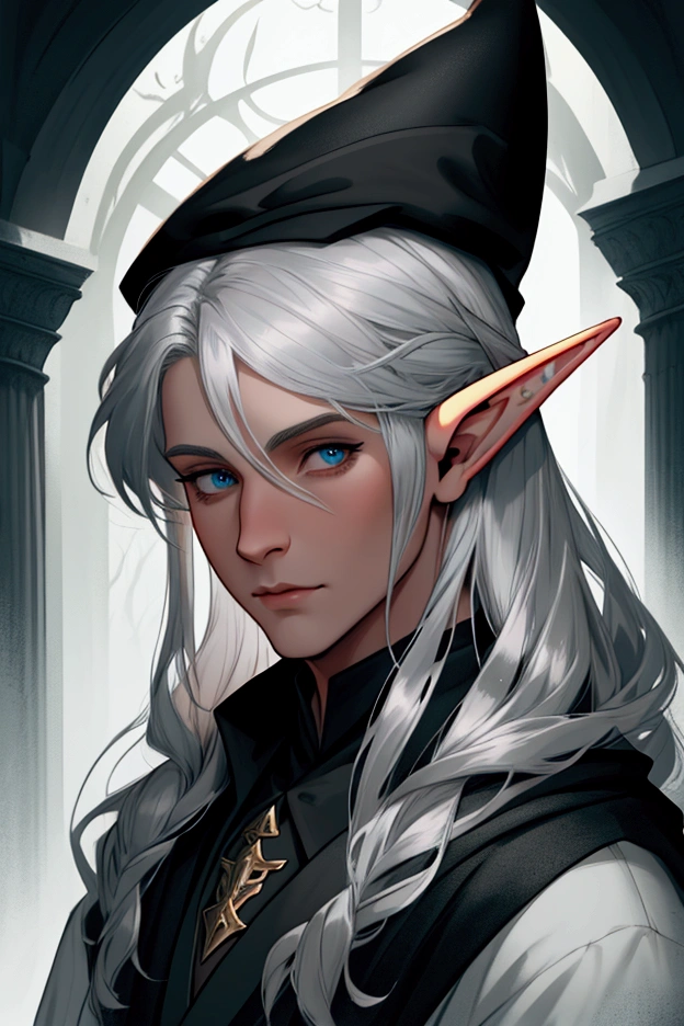 there is a man with a hat and a black coat, um retrato de personagem por Charlie Bowater, Artstation contest winner, digitl art, a portrait of a male elf, Cute male elf, a male elf, lindo drow, noble male elf in black robes, neoartcore e charlie bowater, silvery skinned male elf, portrait of a young elf wizard