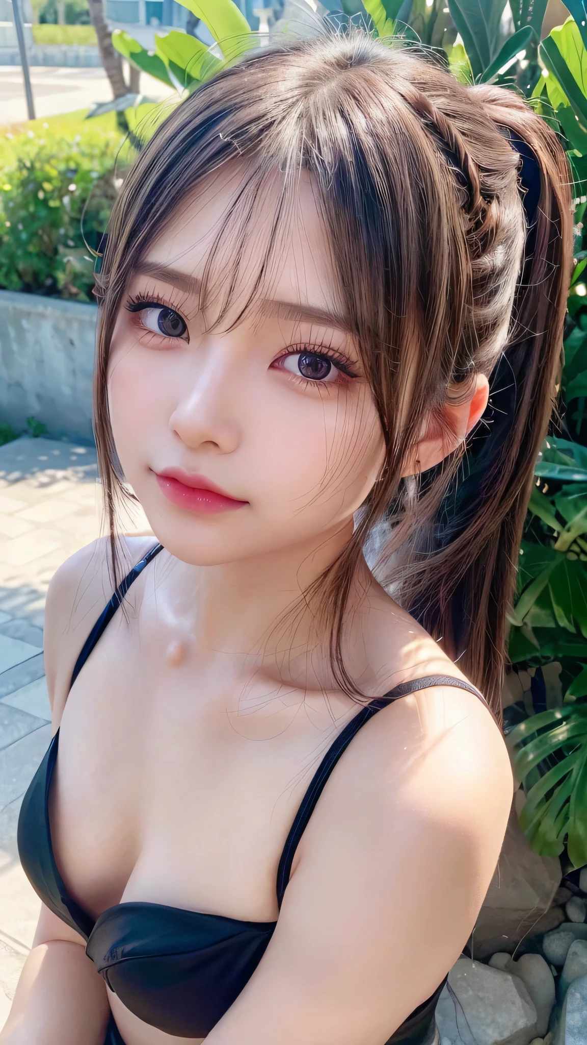 body shot,Outdoor,Black micro bikini,resort Beach,Ultra-detailed, finely detail, hight resolution, 8K Wallpaper, Perfect dynamic composition, Beautiful detailed eyes,,Close-up of face,,Blushing,Facing forward,Long hair ponytail,((8k, Raw photo, Best Quality, Mastepiece:1.2), (Realism, Photorealistic:1.4), (Highly detailed 8K wallpapers), Depth of written boundary, Cinematic Lighting, Soft Light, Detailed Beauty Eye,Shiny and smooth light brown ponytail, Asymmetrical bangs, Shiny skin, Ultra-detailed skins ,It is high resolution., High detail, Detailed hairstyle, Detailed facial beauty, Hyper-realistic, Perfect limbs, Perfect Anatomy ,Of Japanese,Famous Japanese Idols, Perfect female body,A shy smile,Short eyelashes,Double-edged eyelids,Look straight here,Hair style: ponytail,