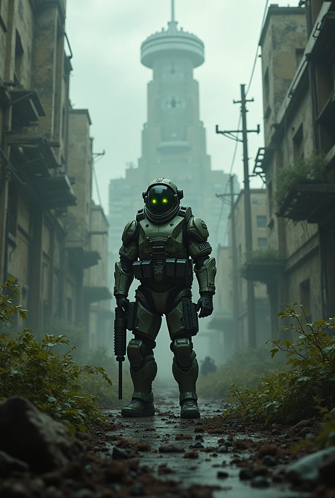 Create a detailed and atmospheric image inspired by the game 'Half-Life 2'. Show a post-apocalyptic urban setting, with destroyed buildings and streets covered in invasive vegetation. Add the presence of iconic game elements, with the Combine citadel in the background, and a central figure with HEV armor and a weapon, symbolizing Gordon Freeman. Also include the presence of Combine robots patrolling the area and shadowy lighting., with a cloudy sky and predominant shades of gray and green. The image should capture the feeling of a devastated and oppressive world, typical of the 'Half-Life 2' atmosphere