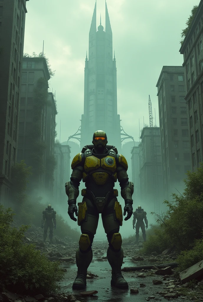 Create a detailed and atmospheric image inspired by the game 'Half-Life 2'. Show a post-apocalyptic urban setting, with destroyed buildings and streets covered in invasive vegetation. Add the presence of iconic game elements, with the Combine citadel in the background, and a central figure with HEV armor and a weapon, symbolizing Gordon Freeman. Also include the presence of Combine robots patrolling the area and shadowy lighting., with a cloudy sky and predominant shades of gray and green. The image should capture the feeling of a devastated and oppressive world, typical of the 'Half-Life 2' atmosphere