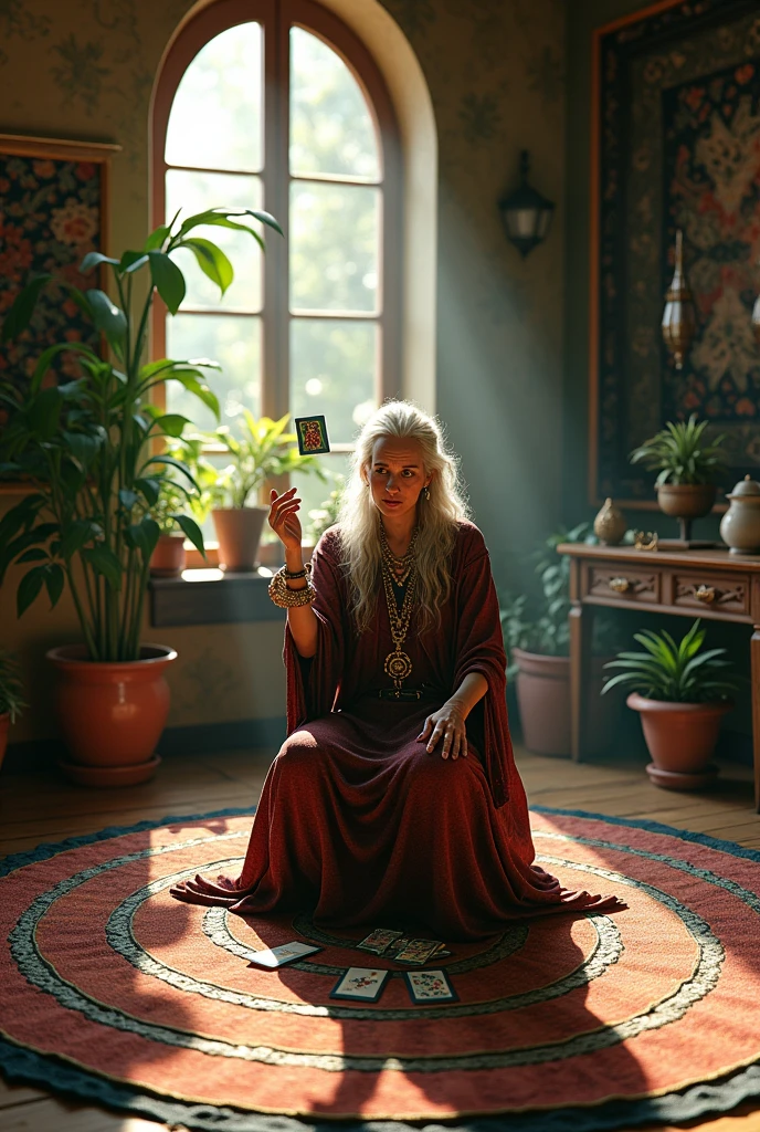 (Photorealism: 1.2), fortune teller woman, sitting on a target throwing tarot cards, soft lighting, plants in the background, window with sunlight, cozy room, realistic, intricate details, warm colors