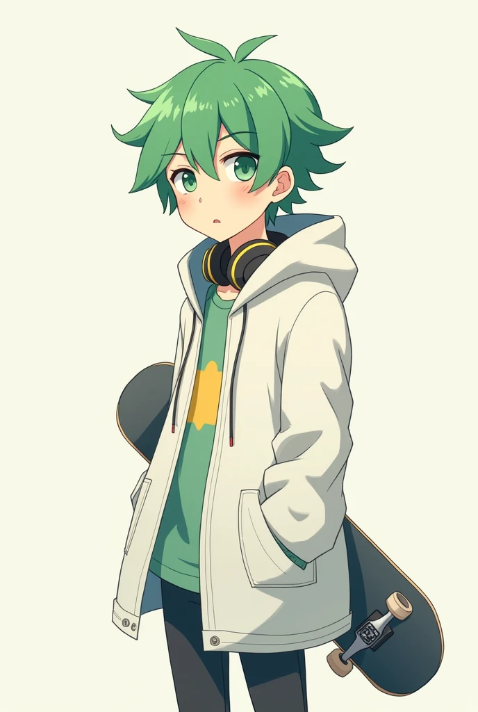 green hair, green eyes, skateboard, headphones, closed white coat with hood on, Male, Anime style, sleepy eyes, Pose