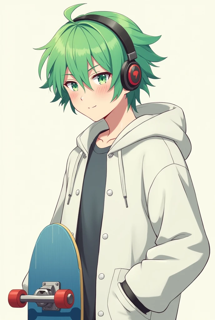 green hair, green eyes, skateboard, headphones, closed white coat with hood on, Male, Anime style, sleepy eyes, Pose