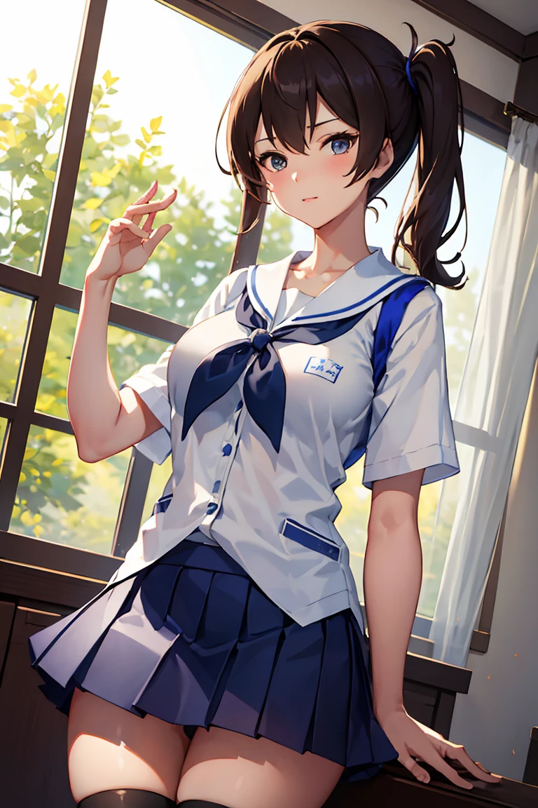 best quality, masterpiece, highres, solo, {kaga_kantaicollection:1.15}, brown_hair, side_ponytail, brown_eyes, short_hair, breasts, long_hair, 1girl, White school uniform Blue skirt cowboy shot Simple background