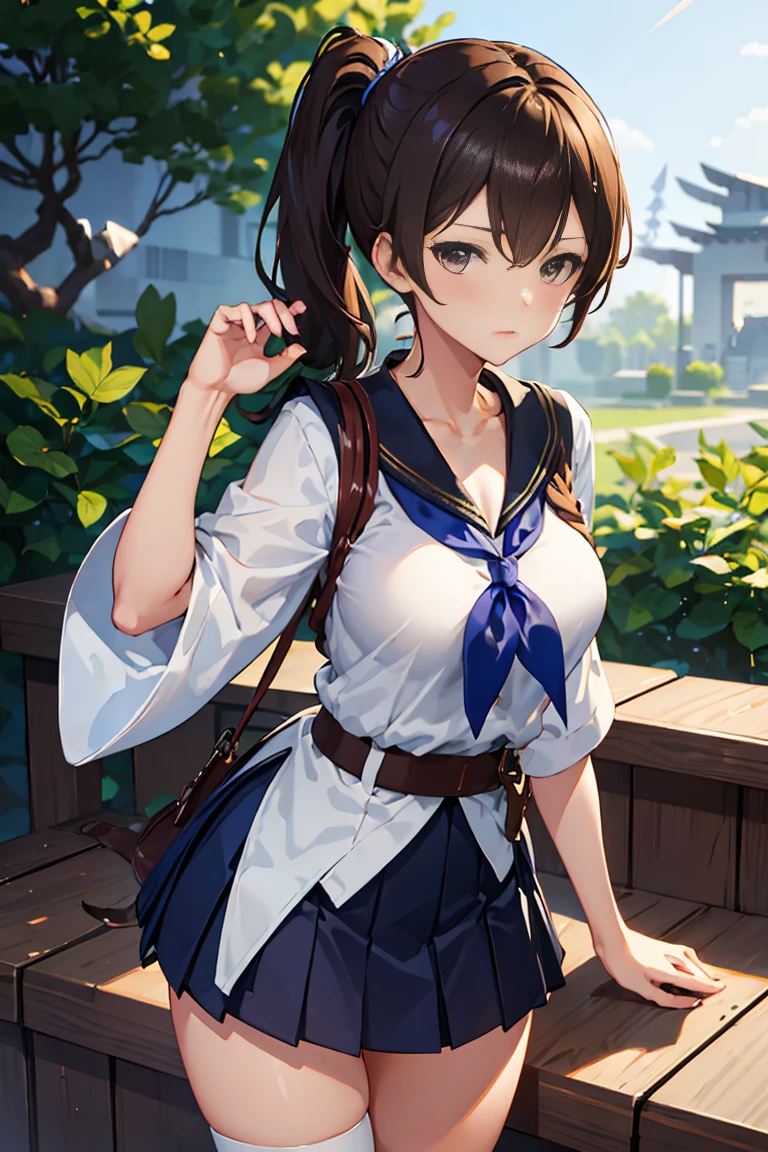 best quality, masterpiece, highres, solo, {kaga_kantaicollection:1.15}, brown_hair, side_ponytail, brown_eyes, short_hair, breasts, long_hair, 1girl, White school uniform Blue skirt cowboy shot Simple background