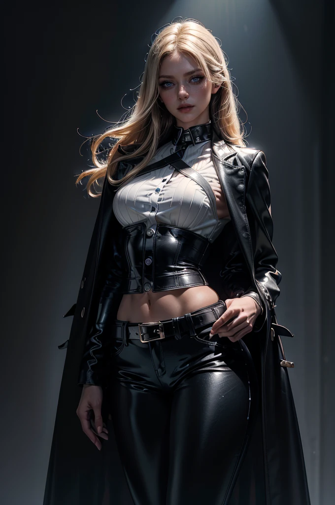 cowboy shot,a pretty 2 girl,blond hair,blue eyes,lora_Emma,slim athletic body,tight and stretched white blouse with buttons,button gap,short sleeves,pokies,ultra low rise black shiny latex pants,(double metal belt),empty studiobackground,((black coat on shoulders)),(best quality,4k,8k,highres,masterpiece:1.2),ultra-detailed,(realistic,photorealistic,photo-realistic:1.37),dramatic lighting,cinematic,fashion photography,studio lighting,high contrast,vivid colors,beautiful detailed eyes,beautiful detailed lips,extremely detailed eyes and face,long eyelashes, touching hair