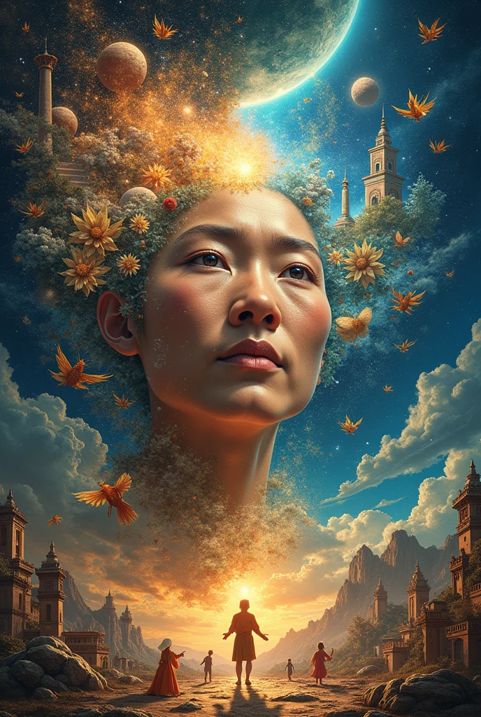 

create a masterpiece-quality poster that vividly illustrates the theme: "legacy of the past, gift of the present, and life of the future." the poster should be rich in expressive imagery, featuring a central figure with expressive eyes and a perfect face to symbolize the continuity of time. the background should be filled with vivid images representing three distinct time periods:

1. **legacy of the past**: depict ancient artifacts, historical monuments, and traditional symbols to represent heritage and wisdom.
2. **gift of the present**: illustrate contemporary elements like technology, education, and community, symbolizing modern achievements and connections.
3. **life of the future**: use futuristic imagery such as advanced technology, space exploration, and sustainable living to symbolize hope and innovation., no humans