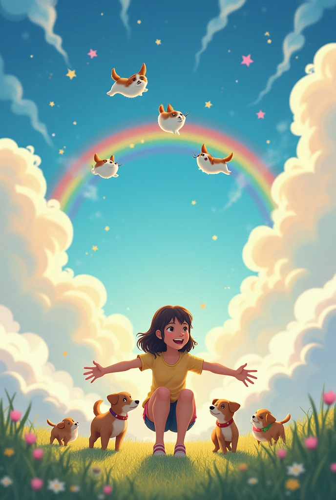 Give me a drawing.
The background have cloud, rainbow and birds
While in the middle there's a teenager girl siding squatting down while opening her arms to welcome the 3 new small dogs that running towards her while there's 3 dead angel dogs flying on top of her head