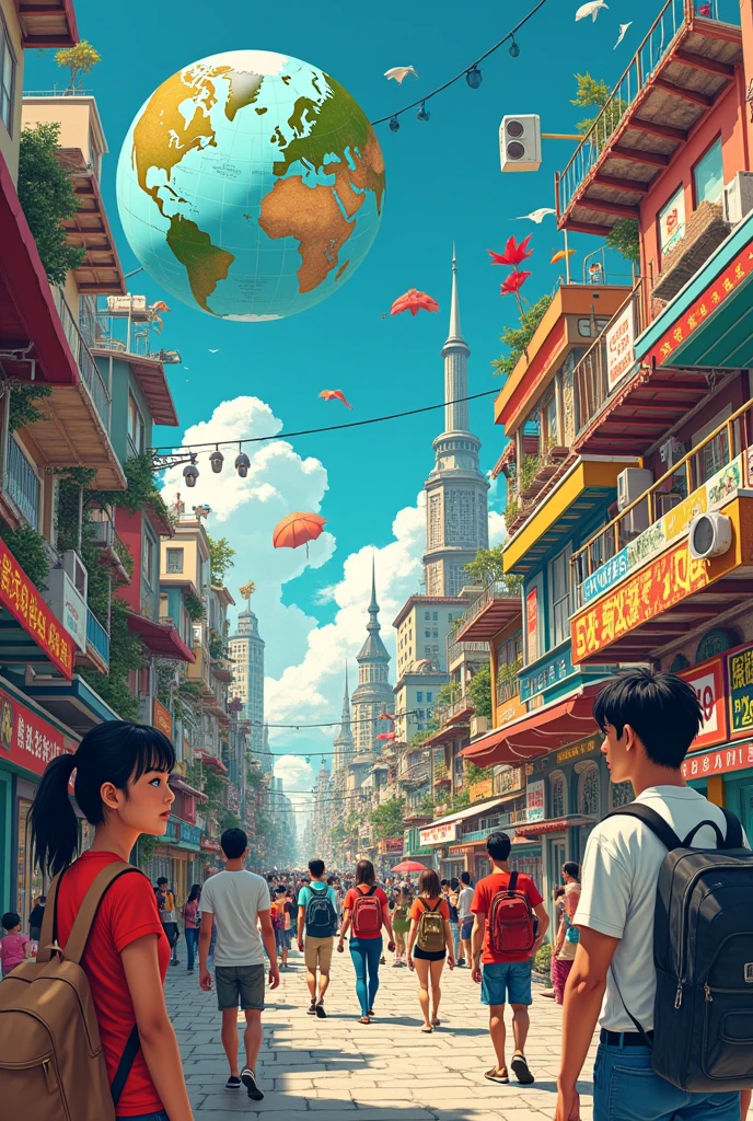 Make a COLLAGE picture show meaning and concrete globalization in daily lives to achieve global success, MANGA BOOK STYLE anime
