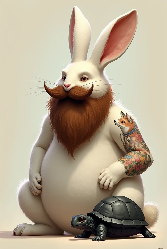 Minuscule tortue noire avec les pâtes blanches à côté d'un grand lapin blanc avec une belle barbe marron et une moustache marron et un tatouage de renard sur le bras