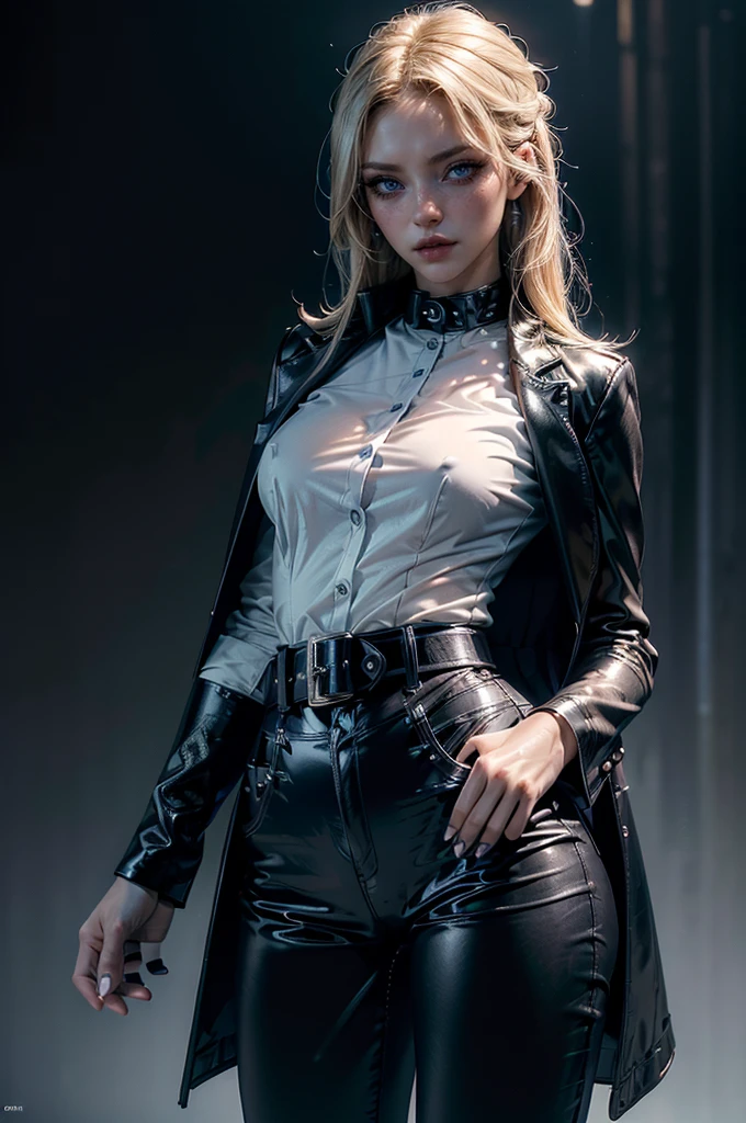 cowboy shot,a pretty 2 girl,blond hair,blue eyes,lora_Emma,slim athletic body,tight and stretched white blouse with buttons,button gap,short sleeves,pokies,ultra low rise black shiny latex pants,(double metal belt),empty studiobackground,((black coat on shoulders)),(best quality,4k,8k,highres,masterpiece:1.2),ultra-detailed,(realistic,photorealistic,photo-realistic:1.37),dramatic lighting,cinematic,fashion photography,studio lighting,high contrast,vivid colors,beautiful detailed eyes,beautiful detailed lips,extremely detailed eyes and face,long eyelashes, touching hair