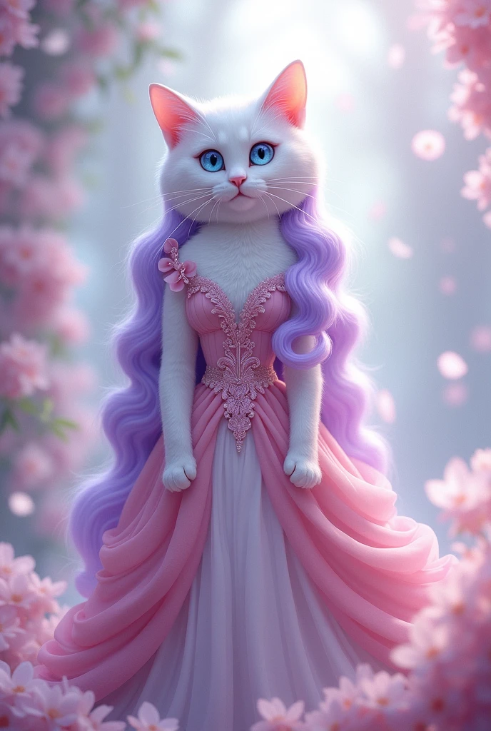 A beautiful, tall, white, big-eyed, cute cat princess wearing a pink princess dress with long purple hair reaching her feet.