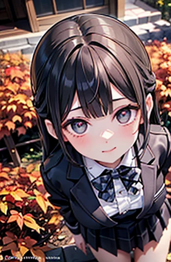 (Official Art、Highest quality、Unity 8k wallpaper、32K、masterpiece、Ultra-detailed、Ultra-high resolution、Realistic、Photorealistic:1.2)、(Cinema Lighting:1.2)、Fire Glow Effect、Film Grain、Best Shadow、Rim Light、Side light、(Highly detailed and intricate 3D rendering)、Sharp pupils、Realistic生徒、Cowboy Shot, Highly detailed background、Beautiful Face、Blurred Background、Beautiful girl、(Highly detailed skin、Detailed skin texture:1.3)、Close-up of a statue in a field of autumn leaves, covered with fallen leaves, Fallen red leaves on the ground, Autumn garden, Beautiful Autumn Spirits, covered with leaves, aomori japan, cute, in butn, autumn leaves, In the Japanese garden, in butn, during butn, but, Traditional Japanese colors, Japanese Nature、(From above、Lie:1.3)、(outside of home、Thighs Thighs Thighs Thighs)、blazer、shirt、Checkered bow tie、Checkered pleated mini skirt、 beautiful girl、Beautiful black hair、Blunt bangs、The eyes are brown、Embarrassing、A happy smile、Large Breasts
