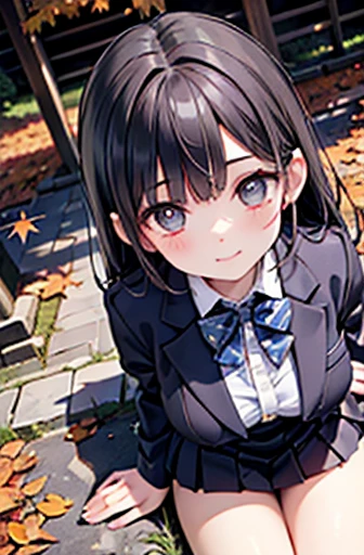 (Official Art、Highest quality、Unity 8k wallpaper、32K、masterpiece、Ultra-detailed、Ultra-high resolution、Realistic、Photorealistic:1.2)、(Cinema Lighting:1.2)、Fire Glow Effect、Film Grain、Best Shadow、Rim Light、Side light、(Highly detailed and intricate 3D rendering)、Sharp pupils、Realistic生徒、Cowboy Shot, Highly detailed background、Beautiful Face、Blurred Background、Beautiful girl、(Highly detailed skin、Detailed skin texture:1.3)、Close-up of a statue in a field of autumn leaves, covered with fallen leaves, Fallen red leaves on the ground, Autumn garden, Beautiful Autumn Spirits, covered with leaves, aomori japan, cute, in butn, autumn leaves, In the Japanese garden, in butn, during butn, but, Traditional Japanese colors, Japanese Nature、(From above、Lie:1.3)、(outside of home、Thighs Thighs Thighs Thighs)、blazer、shirt、Checkered bow tie、Checkered pleated mini skirt、 beautiful girl、Beautiful black hair、Blunt bangs、The eyes are brown、Embarrassing、A happy smile、Large Breasts