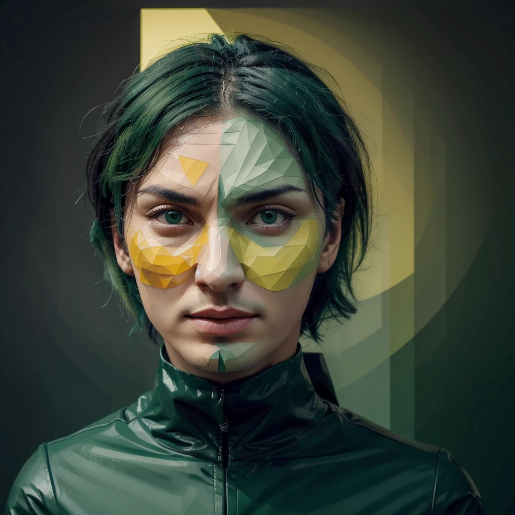 pavel durov ,telegram,  2D, mostly using color code dark green and mustard palette, dark gray green, dark green mustard pastel color, using very little dark green warm colors with tonal combination With green and mustard color, particle face, the face should be geometric and abstract cubism. Style, different face styles, dark gray green, face blend with background