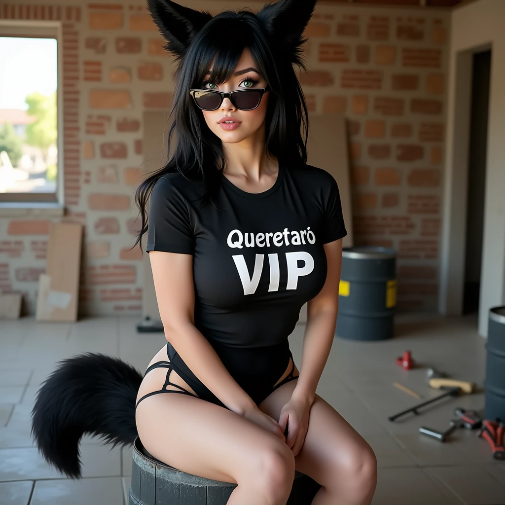 women, 18 years, huge breasts, very big buttocks, black fur, White skin, green eyes, Athletic legs, full black lingerie, Black short fitted t-shirt with the legend: "Queretaro VIP", Sunglasses, fox ears, Fox tail, sitting on barrel , brick wall in the background, In the background you can see a construction in progress, tools on the ground