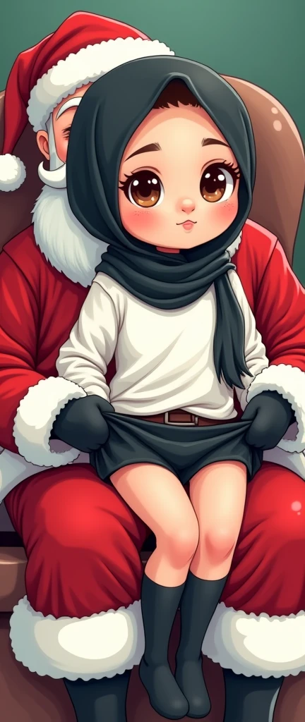 Cartoon with text: 
(Masterpiece, best quality, 4k, expressive eyes, perfect face), cute and adorable girl, little cartoon girl, (beautiful face, detailed eyes), wearing black hijab, (flat style,, hand drawn style, 2d style, Cartoon artstyle, toon style), (white shirt, black miniskirt, exposed legs, black socks, sketcher shoes, (full body view, Side view), ((perfect body anatomy, perfect legs, perfect posture)), sitting on Santa's lap, santa pulling up her skirt, underwear, panties 