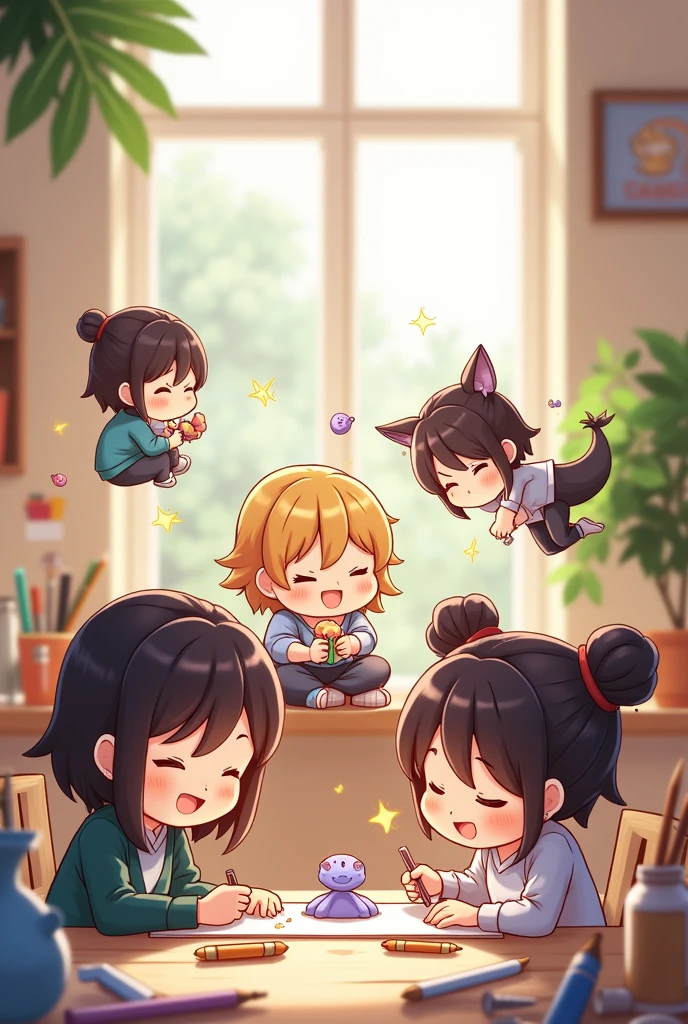 A group of people drawing and sculpture, chibi anime