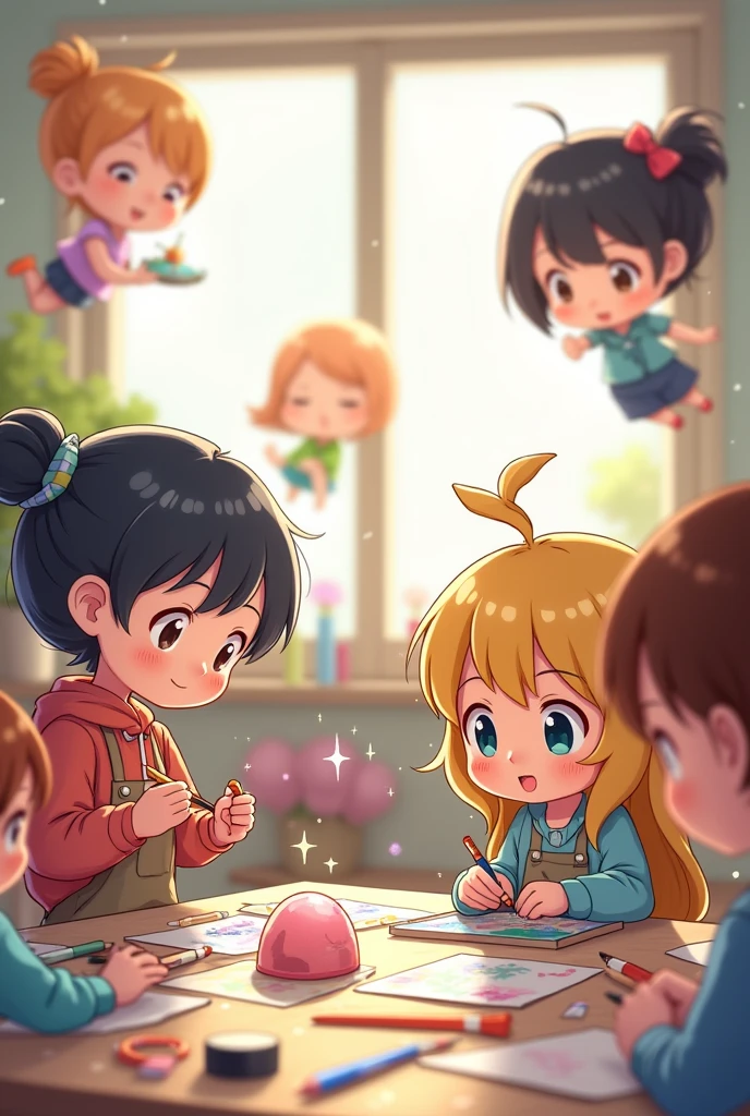 A group of people drawing and sculpture, chibi anime