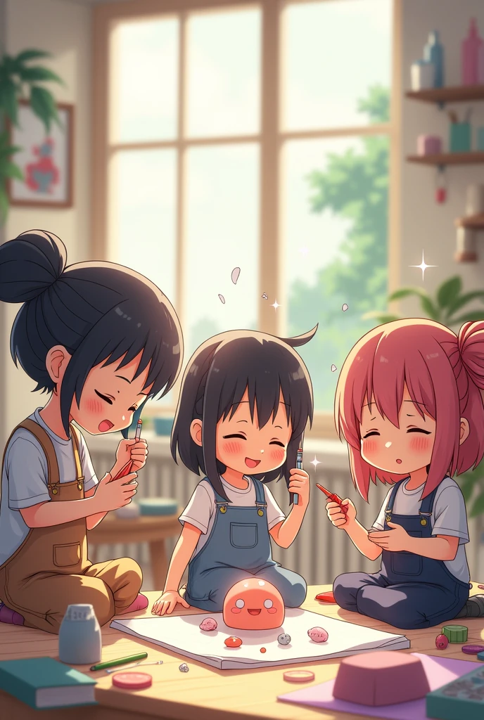 A group of people drawing and sculpture, chibi anime