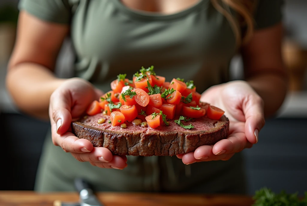 Heaps of food in both hands,fat muscular women Eating beefsteak battle contest,in kitchen stadium,