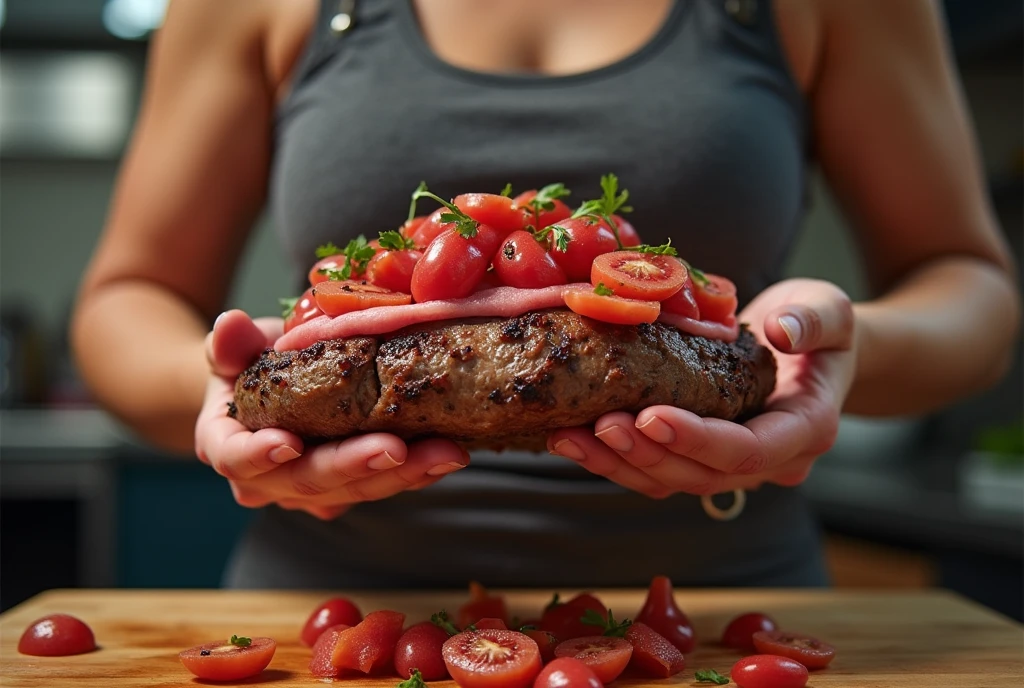 Heaps of food in both hands,fat muscular women Eating  beefsteak　battle contest,in kitchen stadium,