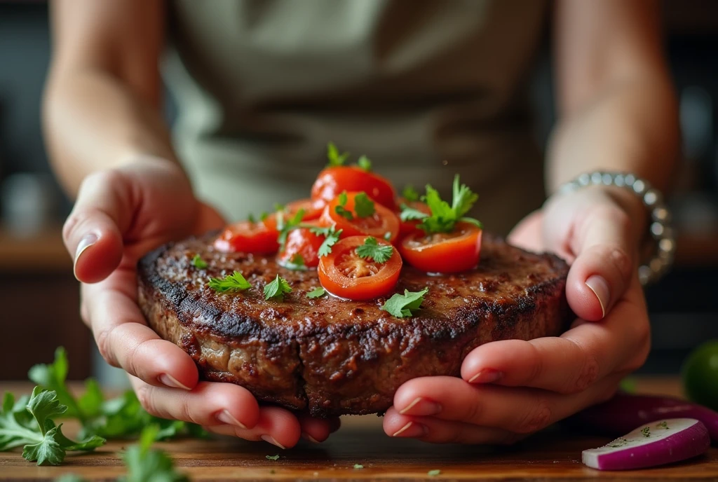 Heaps of food in both hands,fat muscular women Eating  beefsteak　battle contest,in kitchen stadium,