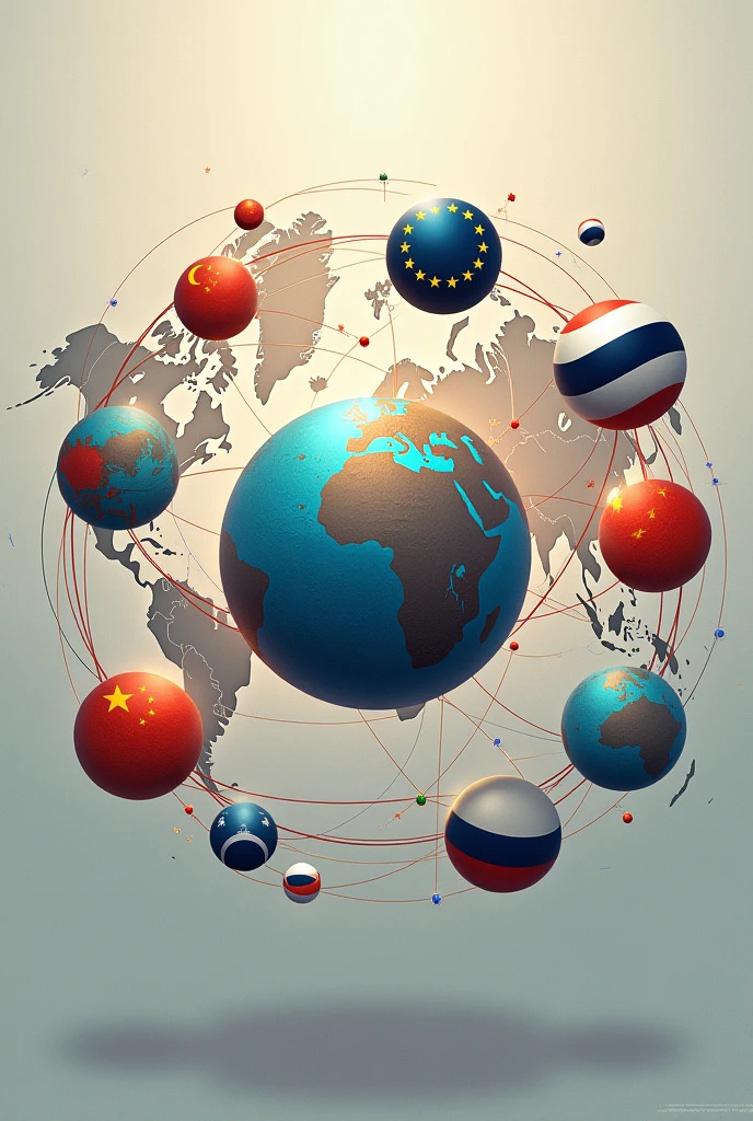 Create a drawing that represents several interconnected globes or spheres, each symbolizing a pole of global power (ex.: USA, china, european union, Russia, etc.). Each sphere must be connected by lines or arcs that represent economic interdependence, cultural and political between these poles. No fundo, you can include elements like maps or flags, subtly integrated into the design, to reinforce the idea of an interconnected world, where there is no single dominant power, but several influences at play.