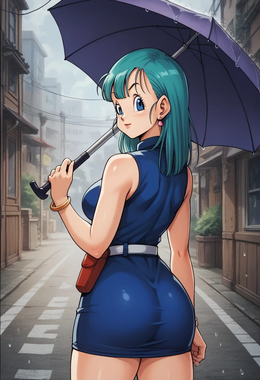 score_9, score_8_up, score_7_up, BREAK, score_9, bulma \(dragonball\), aqua hair, blue eyes, holding a umbrella, aged_up, bracelet, blue dress, fringe trim, bangs, dress, earrings, sleeveless, belt, sleeveless dress, short dress, wristwatch, clothes writing, white belt, fanny pack, looking at viewer, cowboy shot, ass, from behind, rain, dark sky