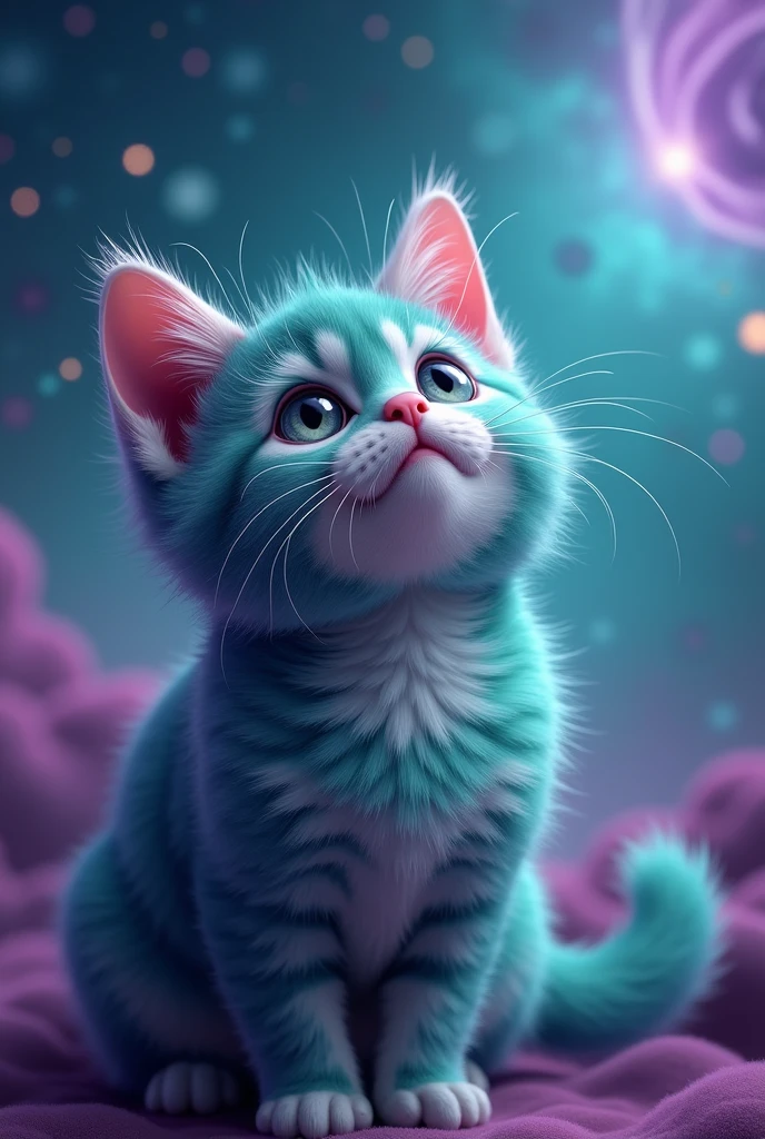 create a cute cat, It has turquoise and purple color, hiper realisitic, He is looking up, he is in front, he is in front olhando para o céu, he has a pink nose, realisitic, super realisitic, 真实感, the background is a turquoise galaxy with purple, expanded background