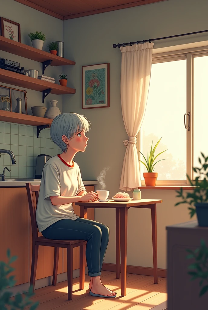 create a manga style image with the following description, A female character with short, slightly gray hair and signs of age is sitting alone at a small table with a cup of tea., the environment consists of a studio that divides the living room and kitchen into the same space, She has a lost look, focused on her thoughts, but now the character wakes up from his reverie when he hears someone knocking on the door.