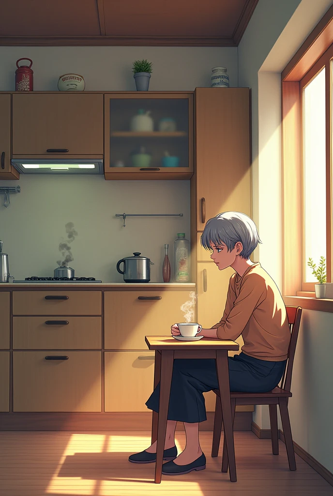 create a manga style image with the following description, A female character with short, slightly gray hair and signs of age is sitting alone at a small table with a cup of tea., the environment consists of a studio that divides the living room and kitchen into the same space, She has a lost look, focused on her thoughts, but now the character wakes up from his reverie when he hears someone knocking on the door.