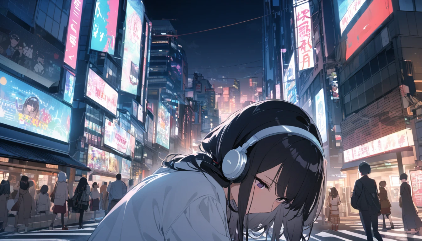 Black haired woman with headphones looking at the city of Tokyo,Streetscape、listen to music、Japanese、Facing forward