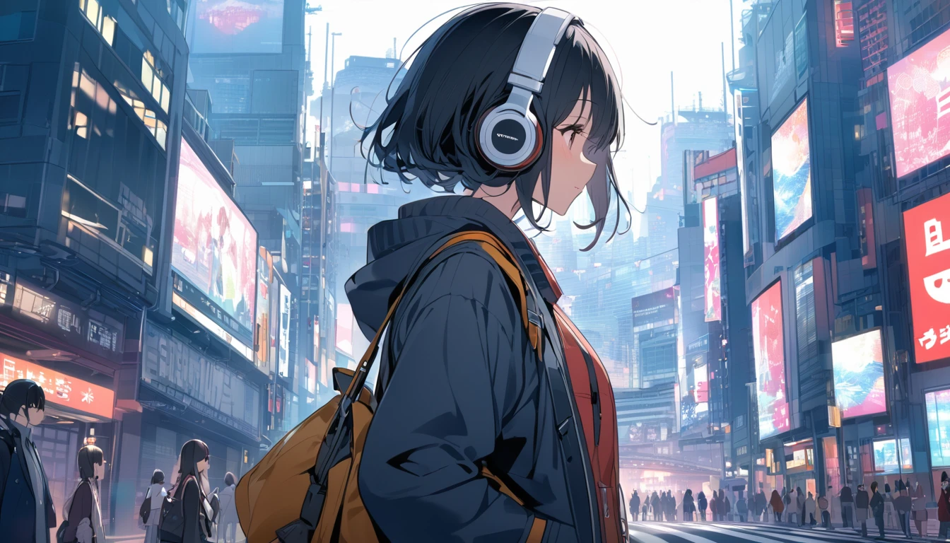 Black haired woman with headphones looking at the city of Tokyo,Streetscape、listen to music、Japanese、Facing forward