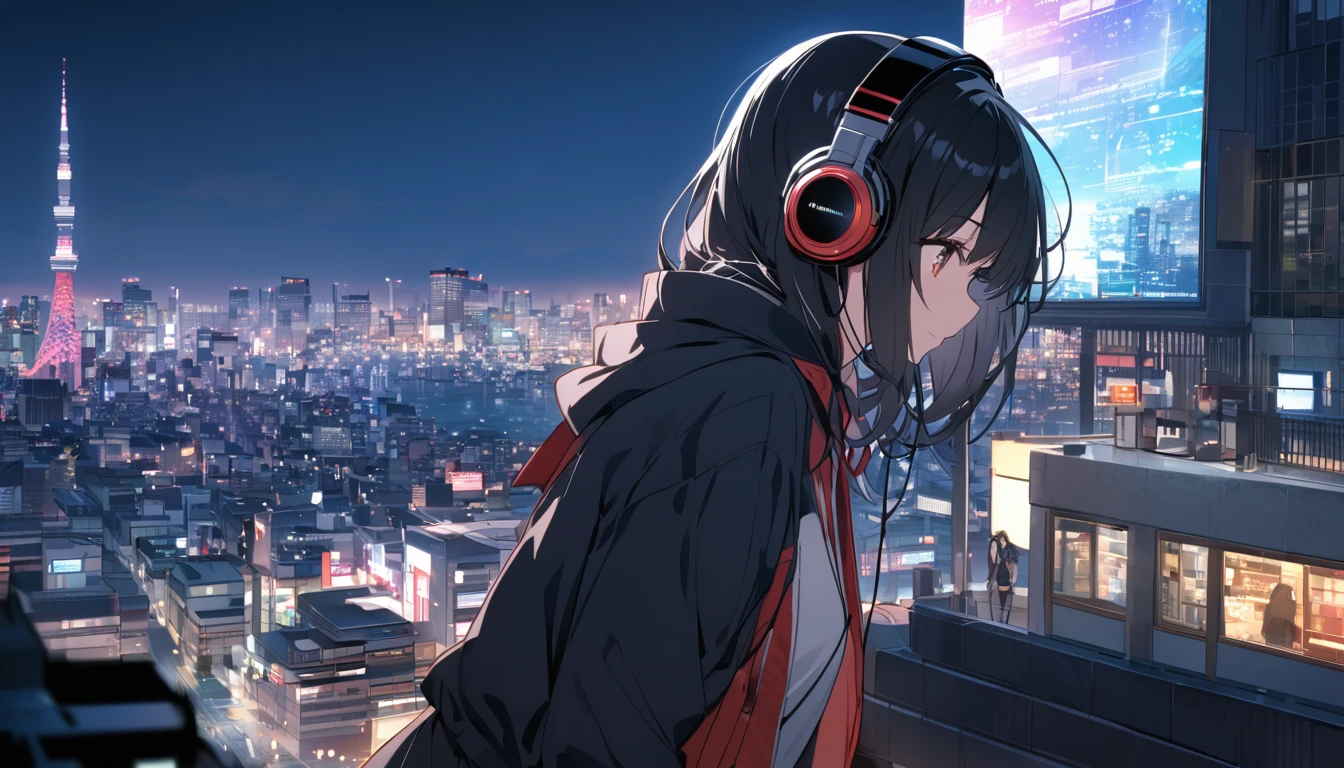 Black haired woman with headphones looking at the city of Tokyo,Streetscape、listen to music、Japanese、Facing forward