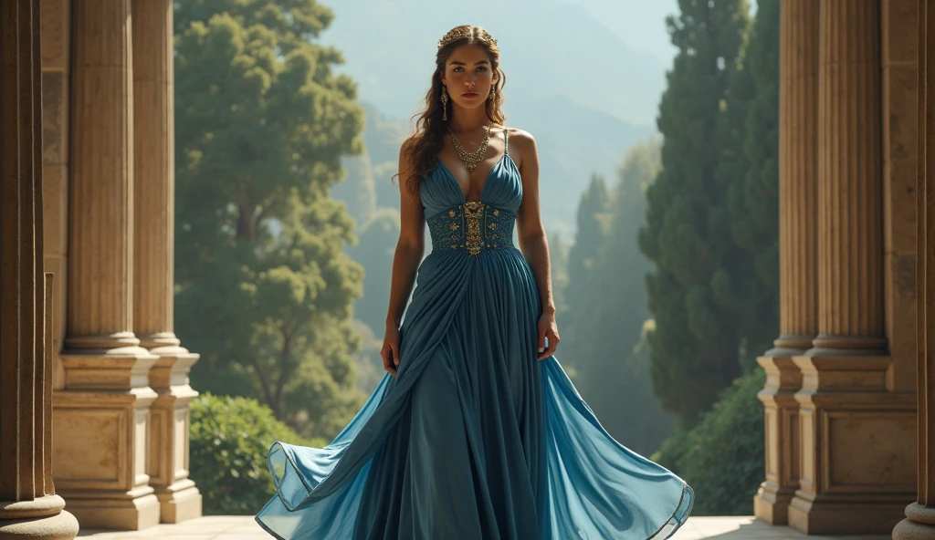 beautiful ancient greek queen, full figure, wearing bluish dress, Renaissance painting HD cinematic
