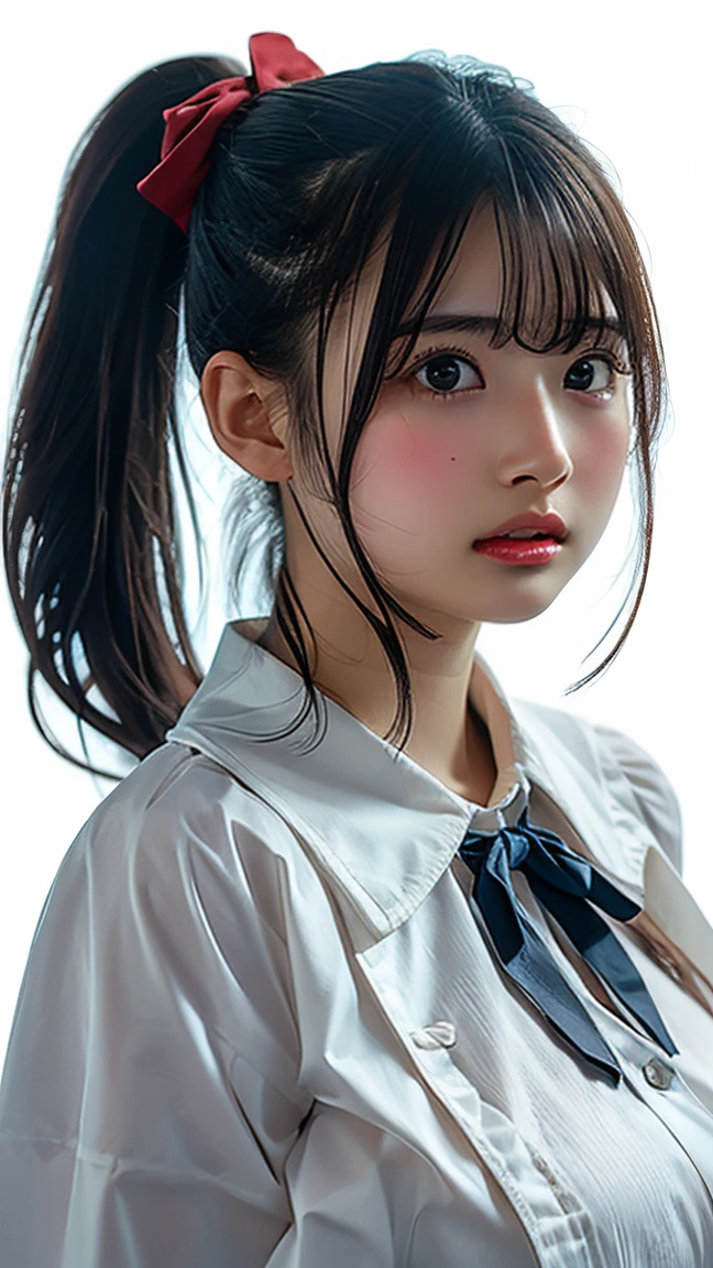 (Highest quality、Tabletop、、Best image quality、Award-winning works)、Extremely cute high school girl、けたWhite polyester collared shirt、Short sleeve:1.4)、(Navy Pleated Skirt:1.1)、Portrait of、Glowing Skin、Brown Hair、Are standing、Sculpture Pose、(The simplest pure white background:1.1)、(Extremely large face and larger breasts:1.8)、Accentuate your body lines:1.1)、Very large red ribbon tie、((High point ponytail:1.35))、smile、((naked))
