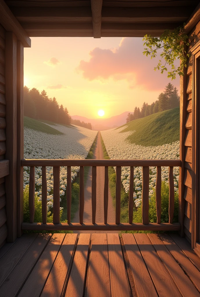 I'm on the balcony of a wooden house and in front of the balcony there's a dirt road but I'm on the balcony and there are 2 hills full of daisies and the sunset behind the hills.
