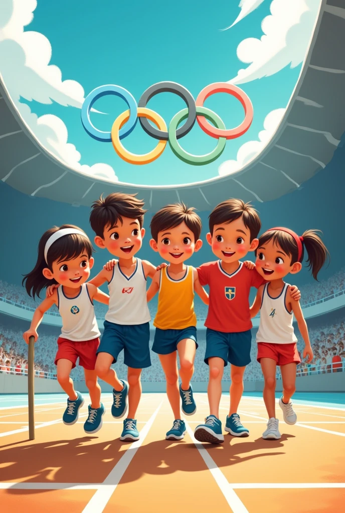 A poster depicting children in Olympic gear helping each other 