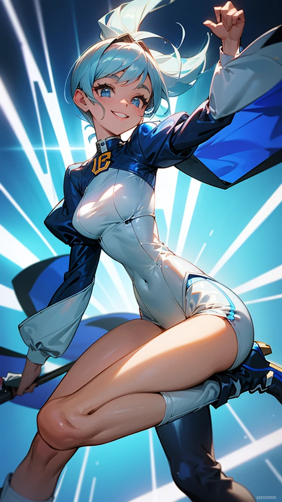 Grid girl . The character is wearing a grid girl costume. The costume is a shiny costume based on blue and white, and the top is short. The sleeves are patterned in blue and white, and the bottoms are tight shorts. They are wearing silver high-heeled boots underfoot. She has an energetic and confident smile on her face. Circuit pits and racing cars line up in the background.