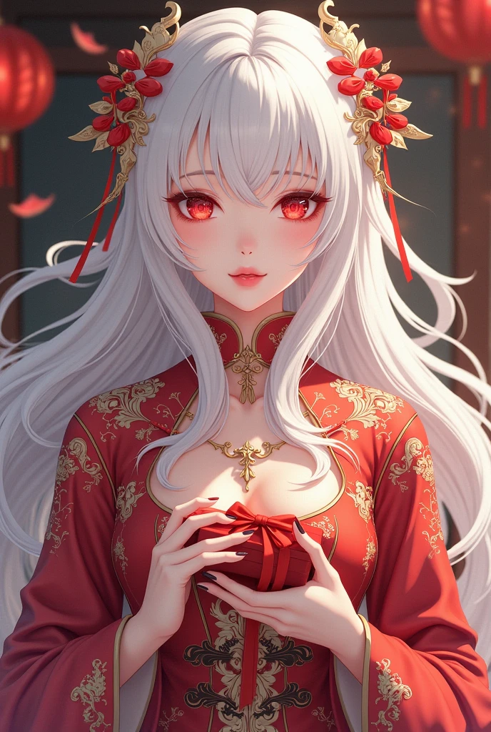 A woman with long white hair and ruby red eyes, luxurious Chinese clothes and carrying wedding gifts. ,,art anime