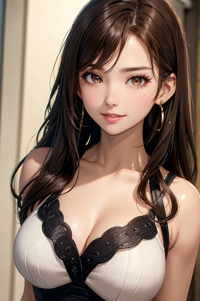 (1 photo from the front)Winter clothes, beautiful face, Highly detailed face and skin texture, (fine eyes), brown eyes, double eyelid, thin eyebrows, glitter eyeliner: 1.2, natural cheeks, glowing skin, Fair skin: 1. 2, shiny necklace and earrings, (glossy lips: 1. 4), (enchanting smile), (20-year-old), (high ponytail, wavy hair, brown hair, diagonal bangs), medium long hair, ((upper body shot)), (focus on chest and face), medium big breasts, swollen chest.