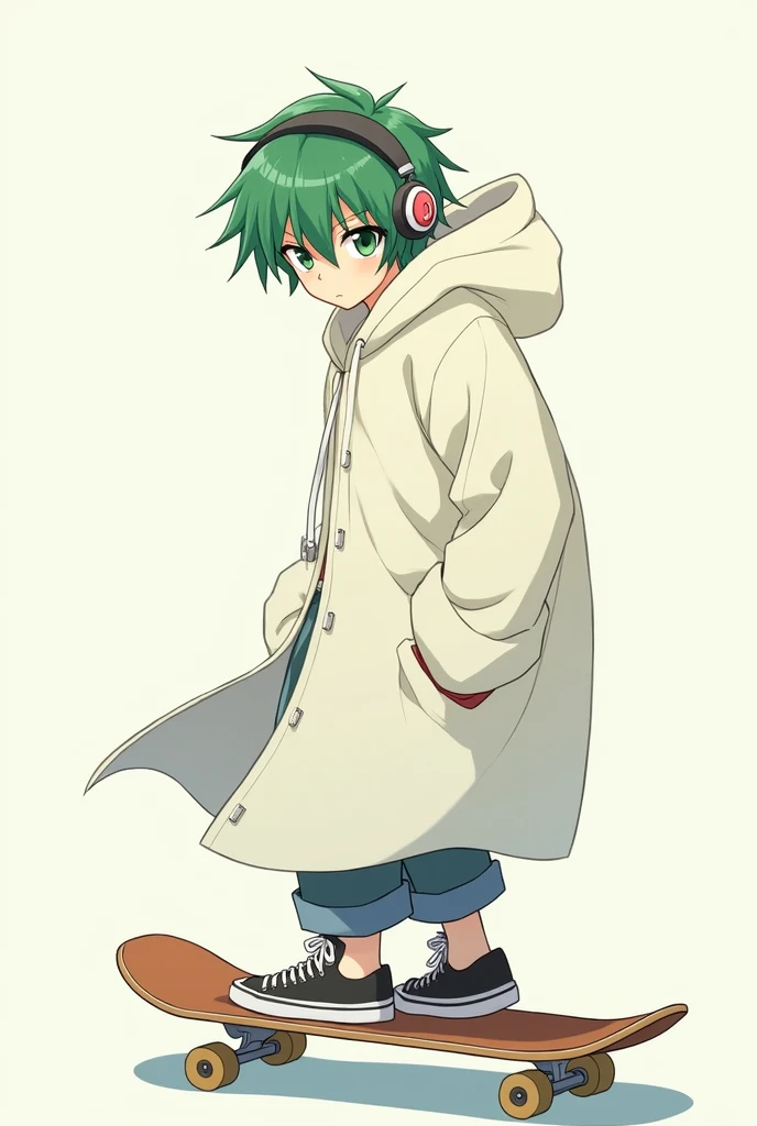green hair, green eyes, skateboard, headphones, closed white coat with hood on head, Male, Anime style, sleepy eyes, Pose
