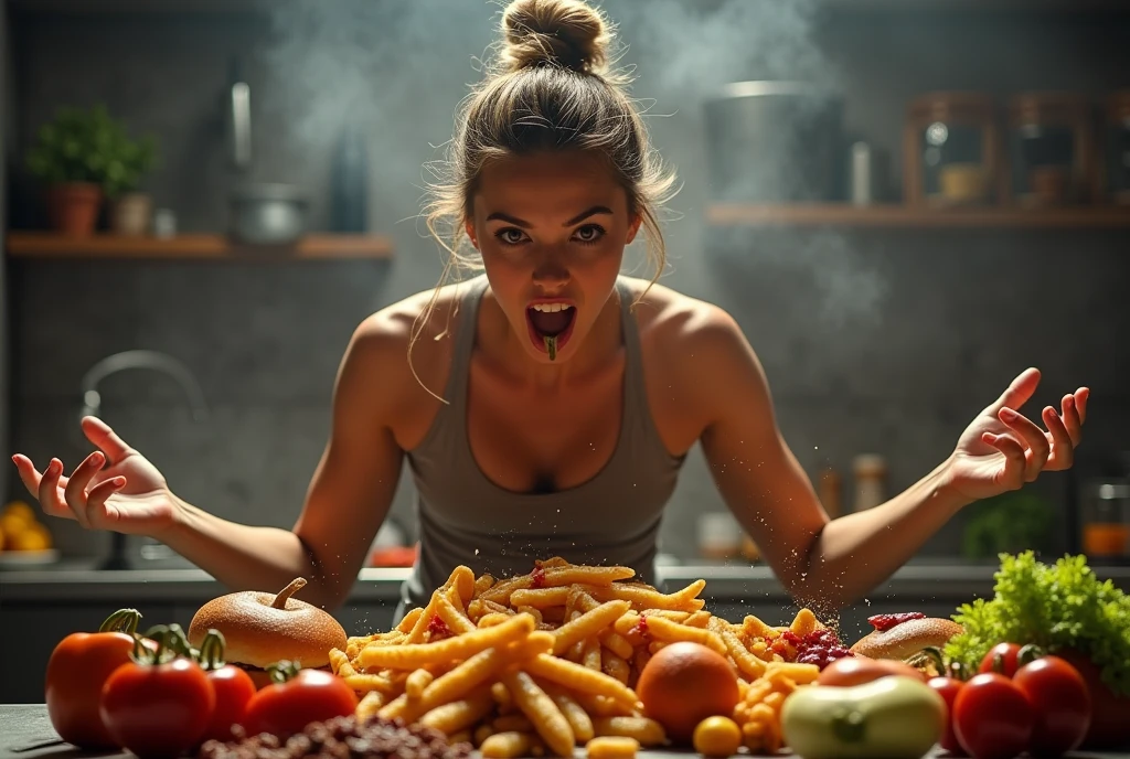 Heaps of food in both hands,fat muscular woman Eating battle contest,in kitchen stadium