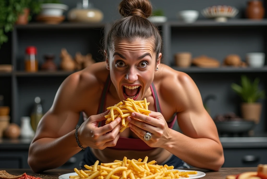 Heaps of food in both hands, muscular woman Eating battle contest,in kitchen stadium