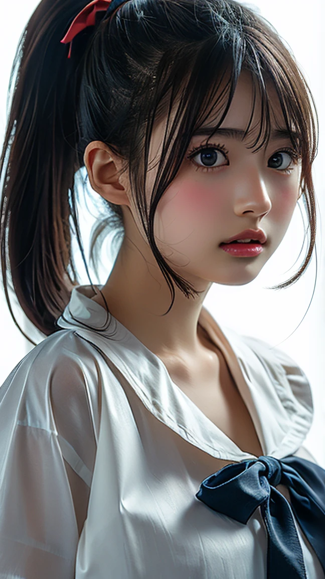 (Highest quality、Tabletop、、Best image quality、Award-winning works)、e schWhite polyester collared shirt、Short sleeve:1.4)、(Navy Pleated Skirt:1.1)、Portrait of、Glowing Skin、Brown Hair、Are standing、Sculpture Pose、(The simplest pure white background:1.1)、(Extremely large face and larger breasts:1.8)、Accentuate your body lines:1.1)、Very large red ribbon tie、((High point ponytail:1.35))、smile、((naked))