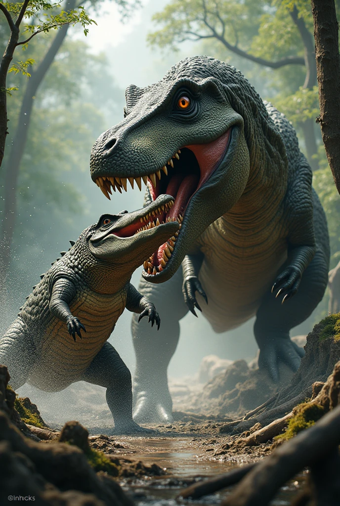 t rex fighting an alligator