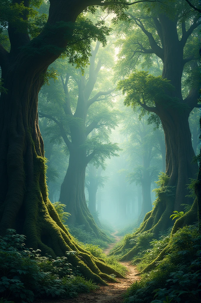 A dense forest with tall trees, green foliage, and a misty atmosphere.