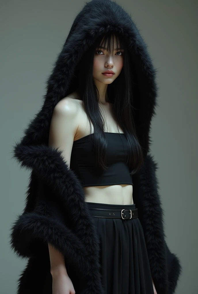 Black haired girl with shade, wearing a fluffy hood, white skin wearing black skirt and a black long sleeves crop top
